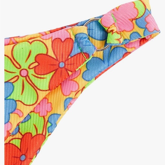 Metallic Halter Top Two Piece Neon Floral Tie Side Triangle Bikini Women’s Sz L - Picture 4 of 12